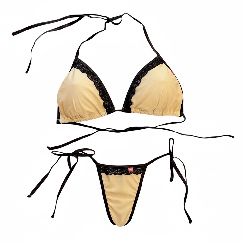 Chyna Doll Lace Nude Shimmer Micro Bikini Bottom- Medium/ Bikini Top- Large
